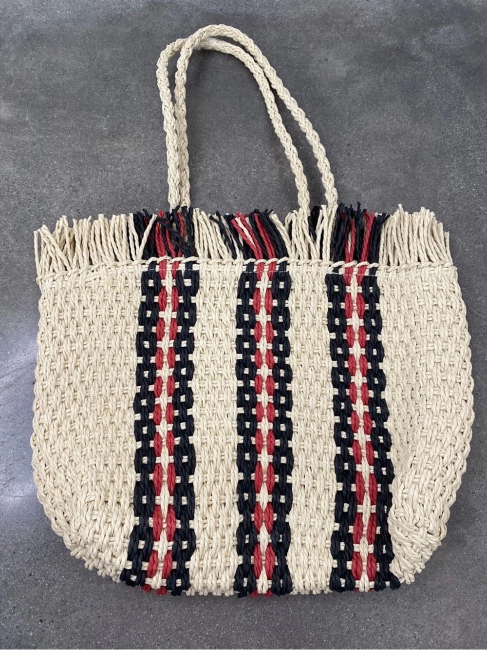 Braided Fringe Tote Bag in Cream with Red & Black Stripes